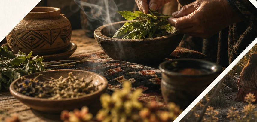 Herbs, clay vessels, and woven textiles in a warm healing environment